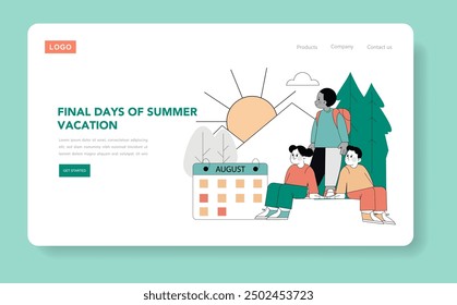 Last Days of Summer concept. Family enjoying the outdoors as the season changes, depicted on a website banner. Vector illustration.