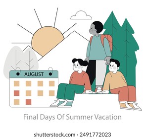 El concepto de los últimos días de verano. Tres amigos disfrutando de los fugaces momentos de unas vacaciones de verano, con un fondo iluminado por el sol y un calendario de agosto. Ilustración vectorial.