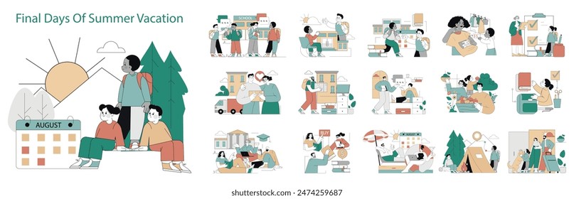 Last Days of Summer Vacation set. Transition from holiday activities to school preparation and work. Embracing change and creating lasting memories. Vector illustration.