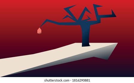 The last fruit in a dark world. A black tree on white platform.