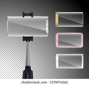 Last generation all screen smartphones realistic set with selfie stick holder colorful bezels transparent background vector illustration