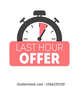 Last hour offer with timer for promotion, banner, price. Label countdown of time for sale or exclusive deal. 