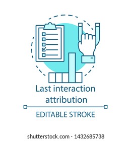 Last interaction attribution blue concept icon. Marketing channel analysis idea thin line illustration. Attribution modeling type, conversion model. Vector isolated outline drawing. Editable stroke