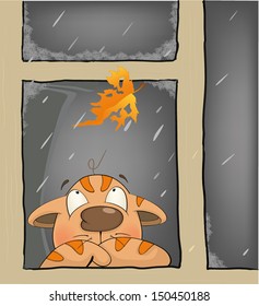 Last leaf. A kitten in the rain in the autumn. Cartoon 