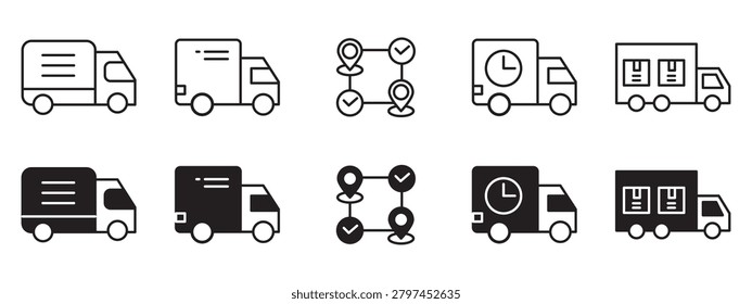 Last Mile Delivery Icon Set - Last Mile Delivery Cargo Truck Shipping Courier Service Line Icons