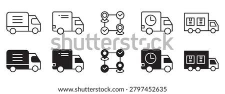Last Mile Delivery Icon Set - Last Mile Delivery Cargo Truck Shipping Courier Service Line Icons