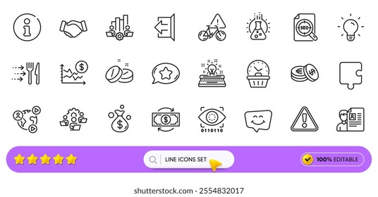 Last minute, Chemistry lab and Seo file line icons for web app. Pack of Typewriter, Medical tablet, Puzzle pictogram icons. Bike attention, Teamwork chart, Teamwork signs. Search bar. Vector