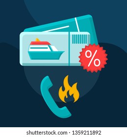 Last minute cruise deal flat concept vector icon. Travel price idea cartoon color illustrations set. Trip tickets coupons, discounts, special offers. Cheap voyage. Isolated graphic design element