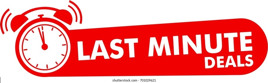 last minute deals button, flat label, alarm clock countdown logo, red sign