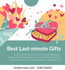 Last minute gift, romantic present for any occasion, valentines day, romantic date or anniversary. Box of chocolate candies. Promotional banner for advertisement poster. Vector in flat style