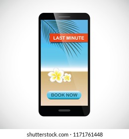 last minute holiday online from smartphone with book button vector illustration EPS10
