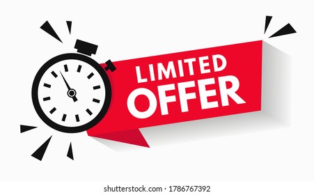 Last minute limited offer with clock for sale promo, button, logo or banner or red background. Hurry up sale label with time countdown for limited offer sale or exclusive deal. Special offer badge V2