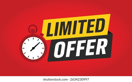 Last minute limited offer with clock for sale promo, button, logo or banner or red background.