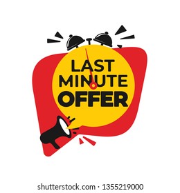 Last minute offer button sign. Design red and yellow flat modern label, alarm clock countdown logo. Vector illustration. Isolated on white background.