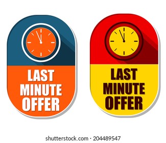 last minute offer with clock signs, two elliptic flat design labels with icons, business commerce shopping concept symbols, vector