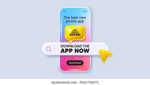 Last minute offer tag. Phone mockup screen. Download the app now. Special price deal sign. Advertising discounts symbol. Phone download app search bar. Last minute offer text message. Vector