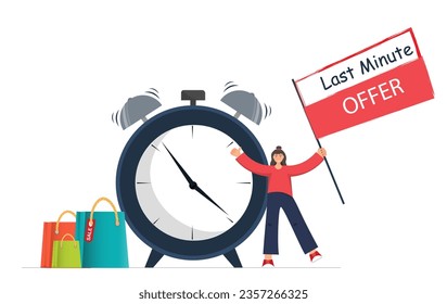 Banner web de última hora con temporizador y mujer con compradores, concepto de compras, ilustración vectorial plana