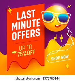 Last Minute Offers Banner with Cute Cartoon Humanised Sun Wearing Sunglasses on Abstract Gradient Background, Summer Holiday Festive Shopping and Discount Poster for Store Promo. Vector Illustration