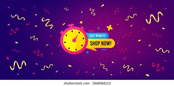 Last minute sale sticker. Festive confetti background with offer message. Discount banner shape. Special offer timer icon. Best advertising confetti banner. Last minute badge shape. Vector