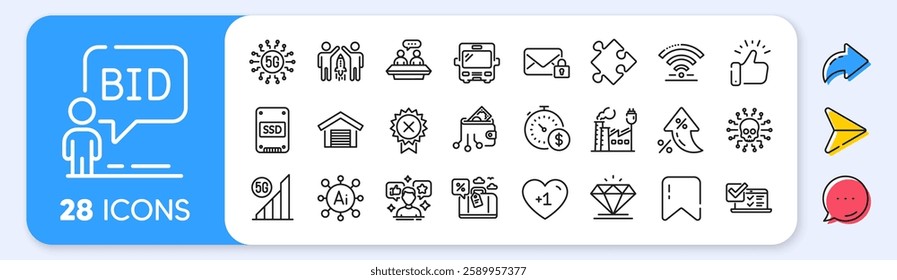 Last minute, Secure mail and Auction line icons. Interest rate, AI generate, Inflation icons. Pack of Diamond, Factory, Online survey icon. Digital wallet, Social media, 5g wifi pictogram. Vector