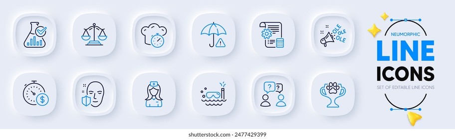 Last minute, Settings blueprint and Scuba diving line icons for web app. Pack of Hospital nurse, Justice scales, Risk management pictogram icons. Teamwork questions, Cooking timer. Vector