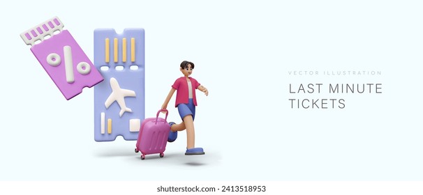 Boletos de último minuto. Concepto de viajes con descuento. tours de bajo costo. El personaje masculino está corriendo con maleta. Obtén descuentos. Afiche publicitario de vector de oferta caliente