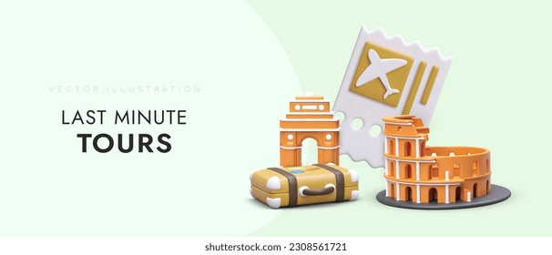 Last minute tours. Tourist voucher at reduced price. Advertising offer template with 3D illustration on colored background. Place for text. Site for searching and booking cheap tickets