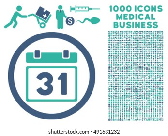 Last Month Day icon with 1000 medical commerce cobalt and cyan vector pictographs. Set style is flat bicolor symbols, white background.