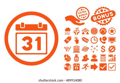 Last Month Day icon with bonus clip art. Vector illustration style is flat iconic symbols, orange color, white background.