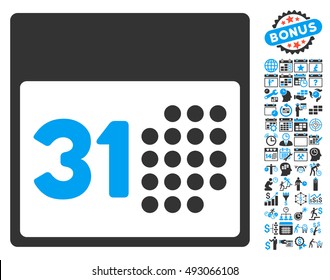 Last Month Day icon with bonus calendar and time management icon set. Vector illustration style is flat iconic bicolor symbols, blue and gray colors, white background.