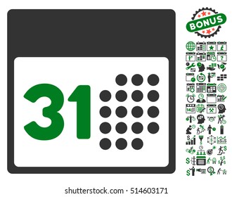 Last Month Day icon with bonus calendar and time management pictograph collection. Vector illustration style is flat iconic bicolor symbols, green and gray colors, white background.