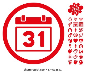 Last Month Day icon with bonus valentine graphic icons. Vector illustration style is flat rounded iconic red symbols on white background.
