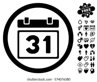 Last Month Day icon with bonus lovely symbols. Vector illustration style is flat rounded iconic black symbols on white background.