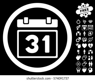 Last Month Day icon with bonus love graphic icons. Vector illustration style is flat rounded iconic white symbols on black background.