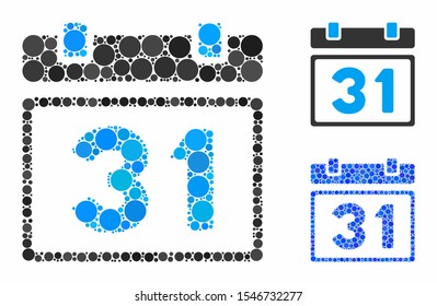 Last month day mosaic of round dots in variable sizes and color tinges, based on last month day icon. Vector round elements are united into blue mosaic.