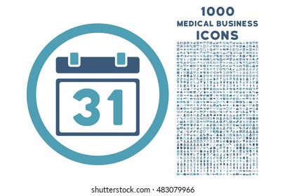 Last Month Day rounded vector bicolor icon with 1000 medical business icons. Set style is flat pictograms, cyan and blue colors, white background.