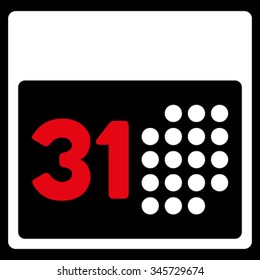 Last Month Day vector icon. Style is bicolor flat symbol, red and white colors, rounded angles, black background.