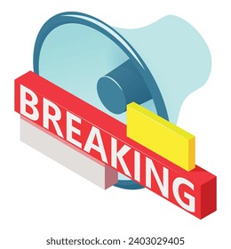 Last news icon isometric vector. Breaking news lettering on bullhorn background. Screen saver, media
