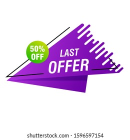 Last offer violet banner design with 50 percent discount. Origami triangle vector illustration. Abstract graphic element with text. Template for advertising poster, label, flyer