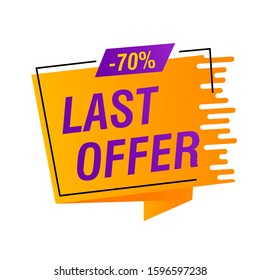 Last offer yellow and purple banner design with 70 percent discount. Origami speech bubble vector illustration. Abstract graphic element with text. Template for advertising poster, label, flyer