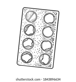 Last pill tablet drug in blister pack sketch engraving vector illustration. T-shirt apparel print design. Scratch board imitation. Black and white hand drawn image.