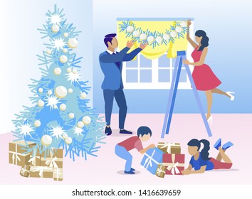 Last Preparation for Christmas. Vector Cartoon Father and Mother Hanging Garland or Tinsel on Window. Daughter and Son Sorting Gift Boxes. Decorating Living Room with Xmas Tree Flat Illustration