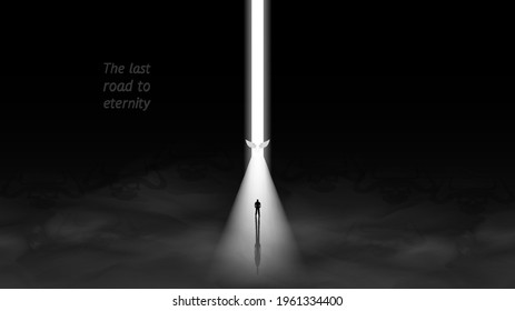 The last road to eternity. Black and white poster. A shadow silhouette of a man on a bright glowing white stripe. Light angel with wings and dark skulls with horns