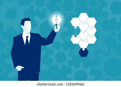 Last strategy to complete the idea Business person man adding last puzzle piece to the light bulb on blue, gears on background. Eps Vector illustration, Minimalist white blue flat style modern design.