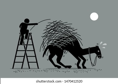 The last straw that breaks the camel back. Vector artwork depicts a man putting one a straw to an already overburdened camel back. Concept depicts overworked, pressure, and final tolerable event. 