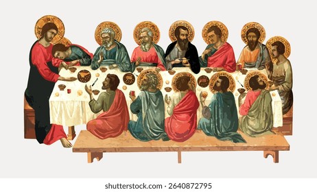 The Last Supper, ancient illustration by Ugolino da Siena, vector element. 