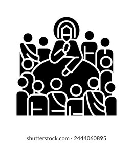 Last Supper black glyph icon. Jesus Christ and twelve apostles. Holy communion. New testament. Biblical scene. Silhouette symbol on white space. Solid pictogram. Vector isolated illustration