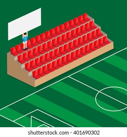 last supporter hold the banner in football stadium red seats 