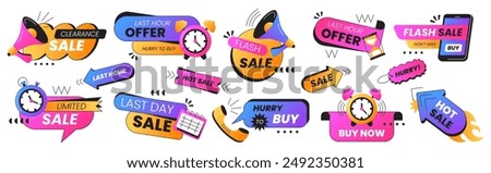 Last time offer badge set in vibrant colors. Clearance sale labels with timer, calendar, stopwatch, phone and loudspeaker icon. Hot price, big promo stickers. Best discount, limited special promotion.