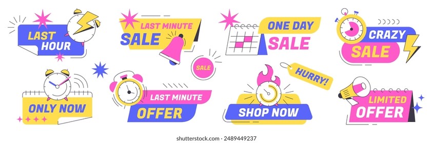 Last time offer badges with alarm clock, calendar, stopwatch and megaphone icon. Promo discount sticker set. Hot sale banner template design. Limited special promotion, countdown, one day sales labels